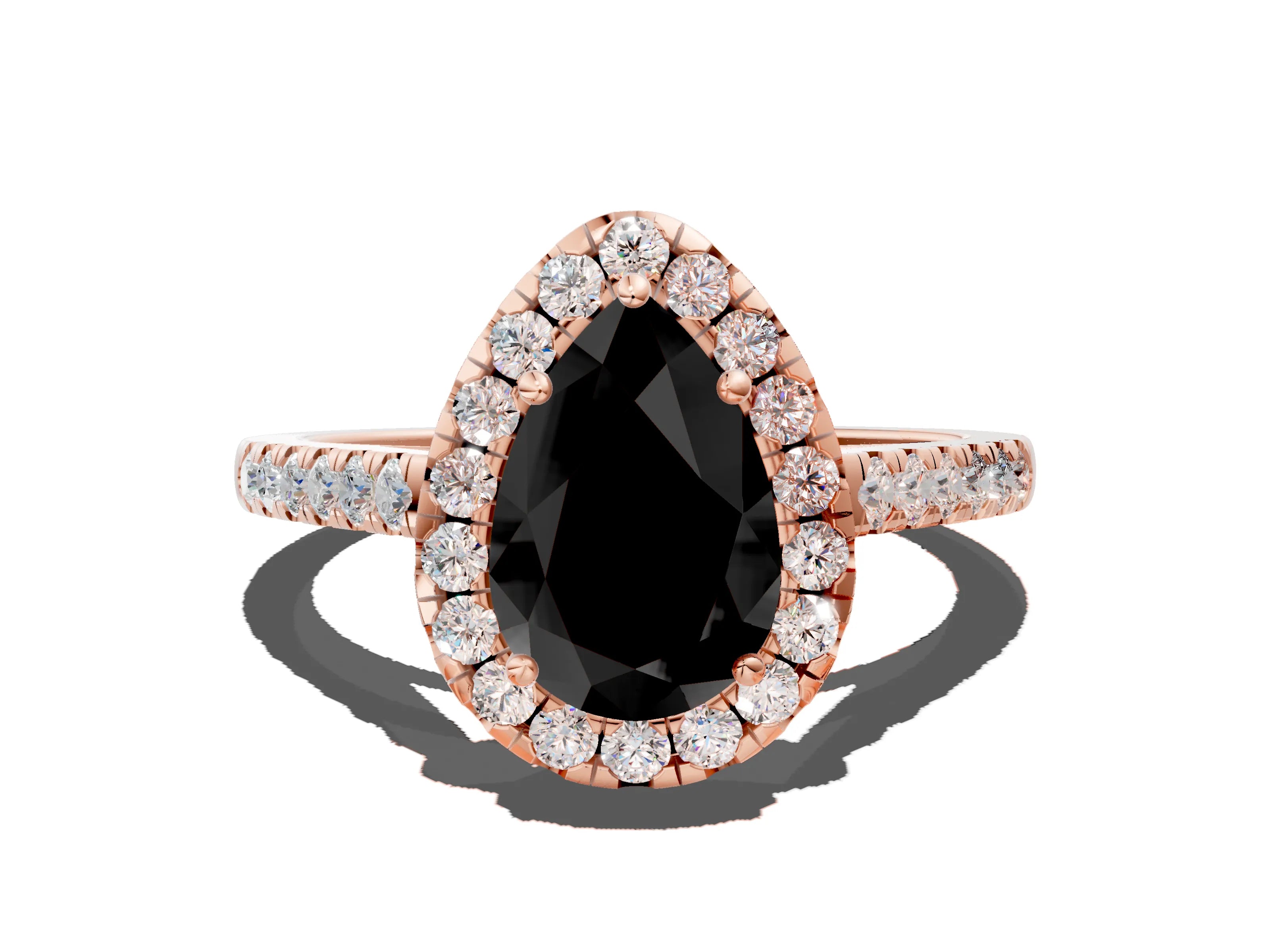 Rose gold Fancy Black Pear Cut Halo Pave Diamond Engagement Ring with Four-Prong Setting