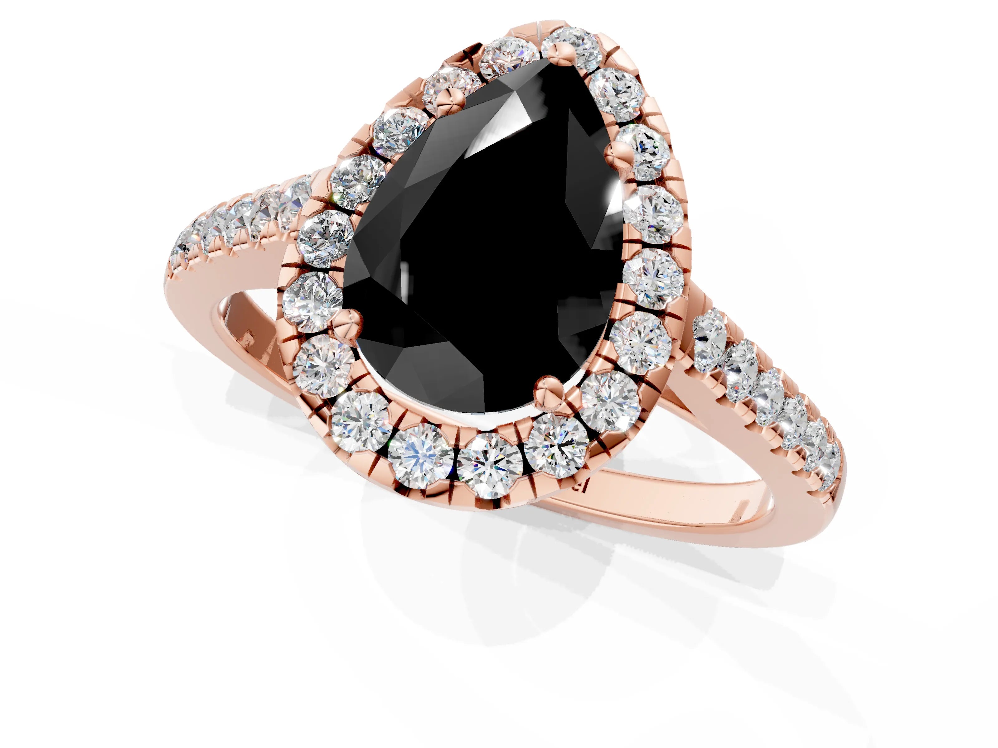 Rose gold Fancy Black Pear Cut Halo Pave Diamond Engagement Ring with Four-Prong Setting_1