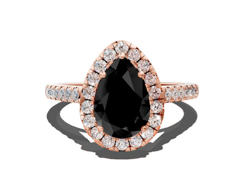 Rose gold Fancy Black Pear Cut Halo Pave Diamond Engagement Ring with Four-Prong Setting