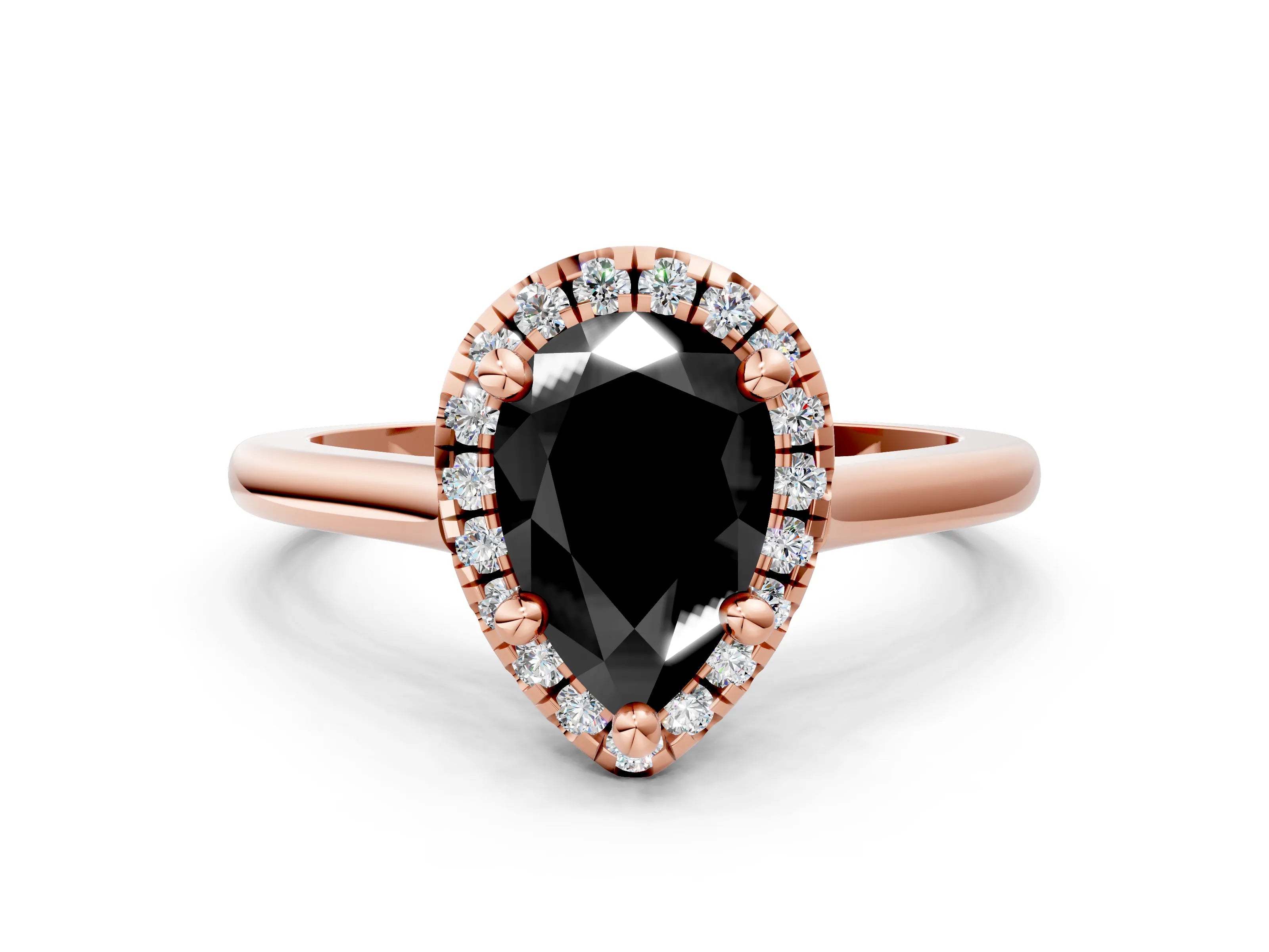 Rose gold Fancy Black Pear Cut Halo Round Diamond Solitaire Engagement Ring with Pave Band and Four-Prong Setting_12