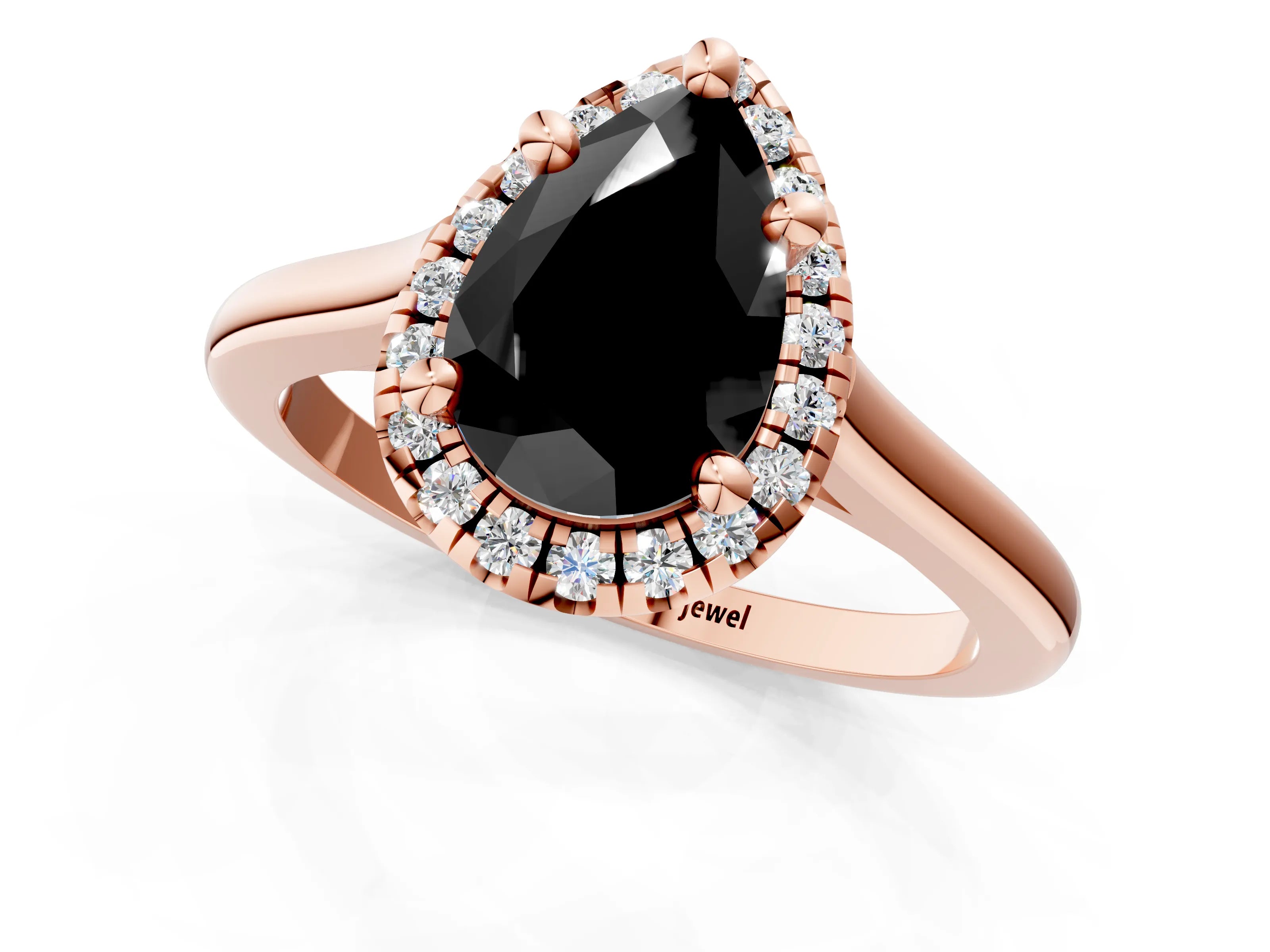Rose gold Fancy Black Pear Cut Halo Round Diamond Solitaire Engagement Ring with Pave Band and Four-Prong Setting_13