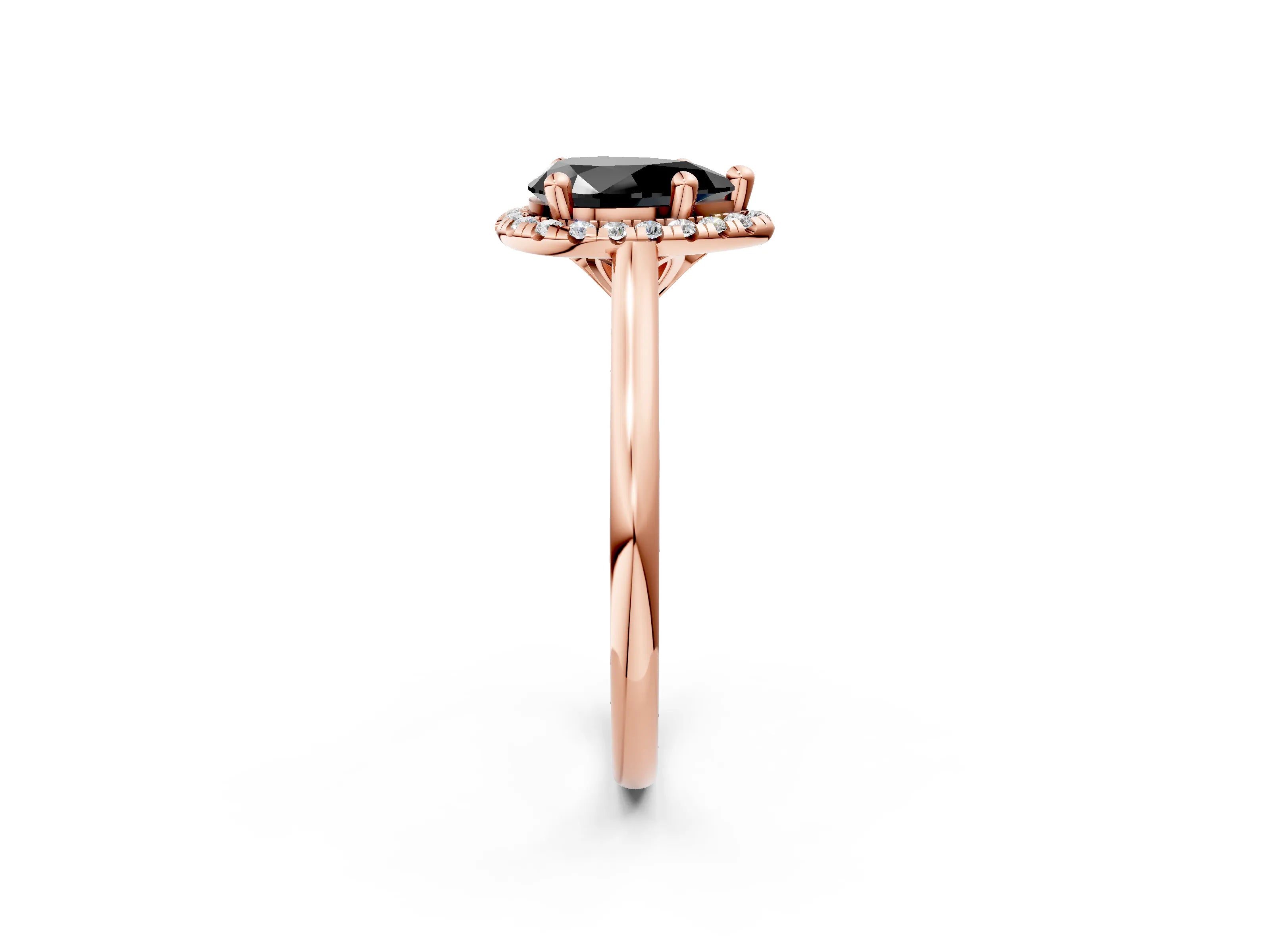 Rose gold Fancy Black Pear Cut Halo Round Diamond Solitaire Engagement Ring with Pave Band and Four-Prong Setting_14