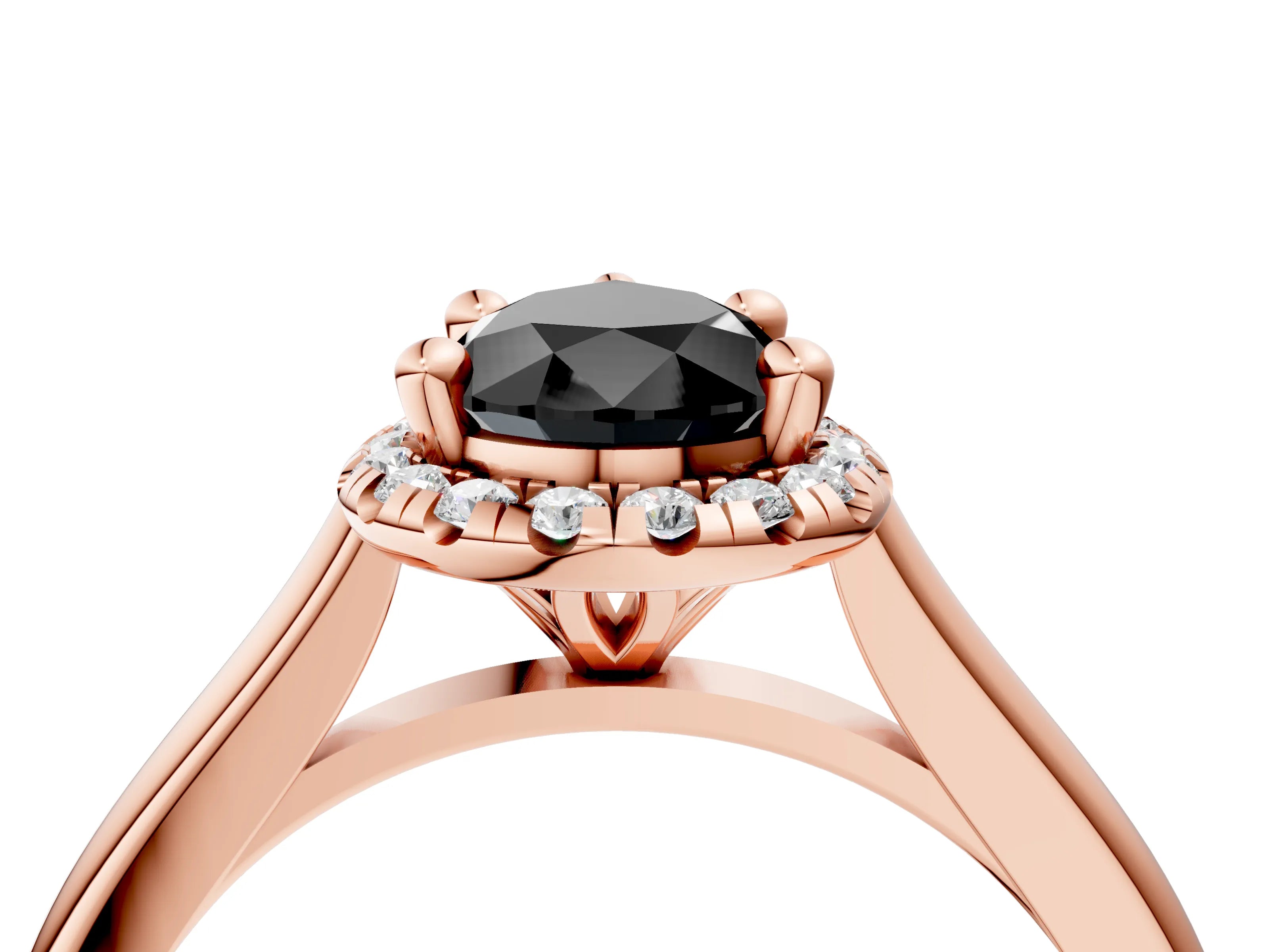Rose gold Fancy Black Pear Cut Halo Round Diamond Solitaire Engagement Ring with Pave Band and Four-Prong Setting_16