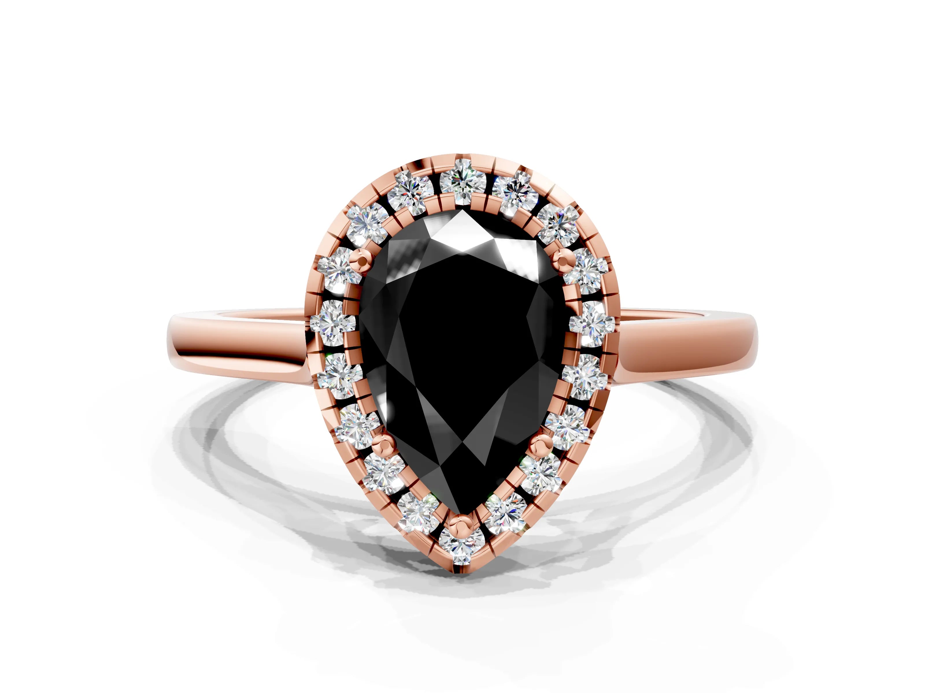 Rose gold Fancy Black Pear Cut Halo Round Diamond Solitaire Ring with Pavé Band and Four-Prong Setting_12