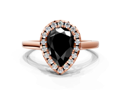 Rose gold Fancy Black Pear Cut Halo Round Diamond Solitaire Ring with Pavé Band and Four-Prong Setting_12