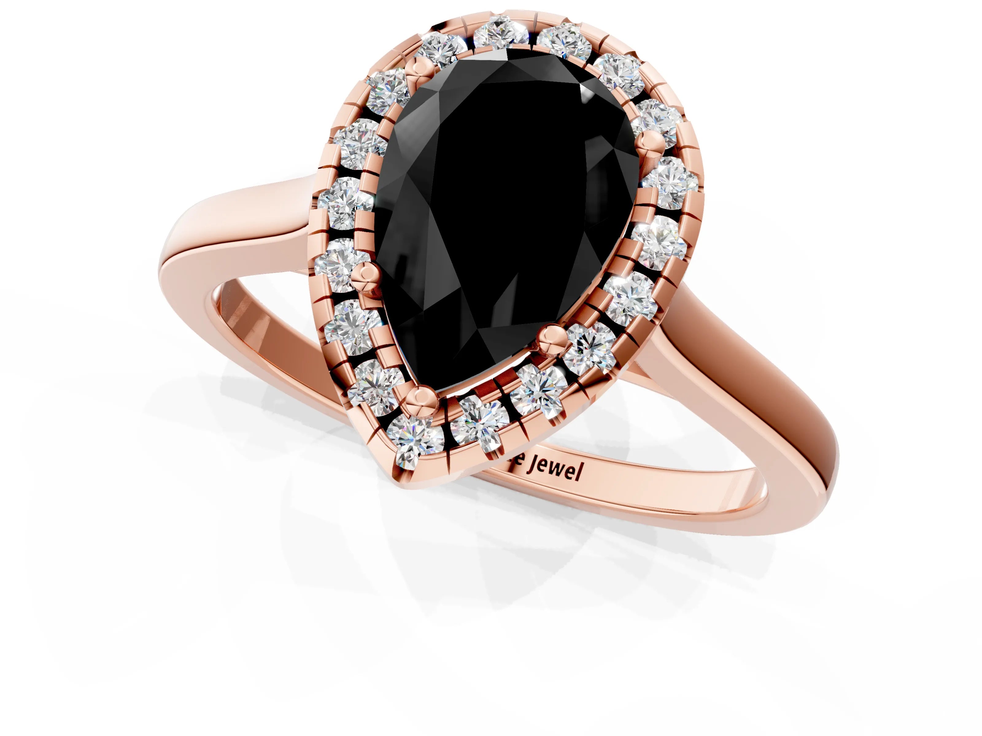 Rose gold Fancy Black Pear Cut Halo Round Diamond Solitaire Ring with Pavé Band and Four-Prong Setting_13