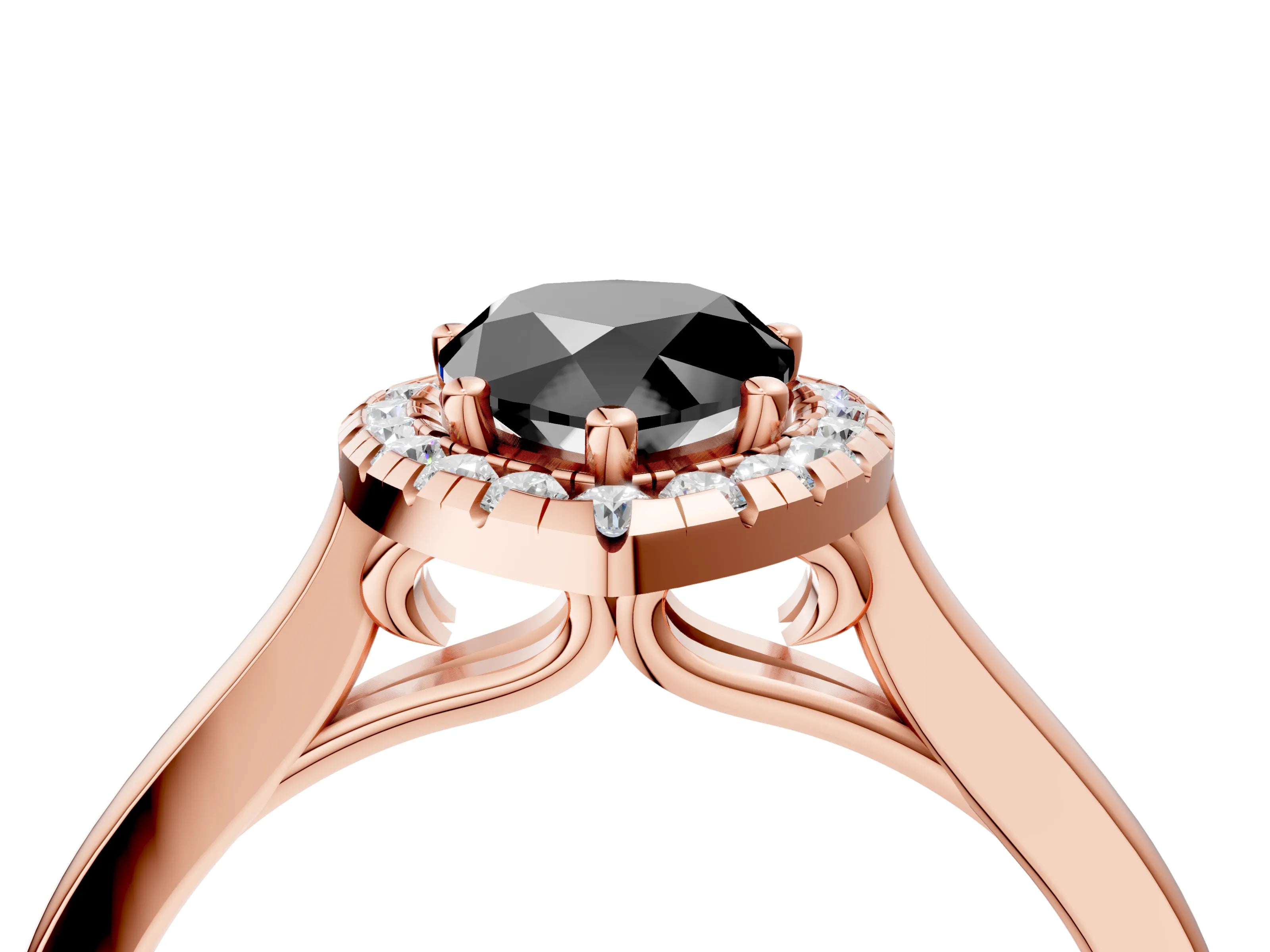 Rose gold Fancy Black Pear Cut Halo Round Diamond Solitaire Ring with Pavé Band and Four-Prong Setting_16