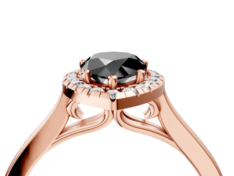 Rose gold Fancy Black Pear Cut Halo Round Diamond Solitaire Ring with Pavé Band and Four-Prong Setting_16