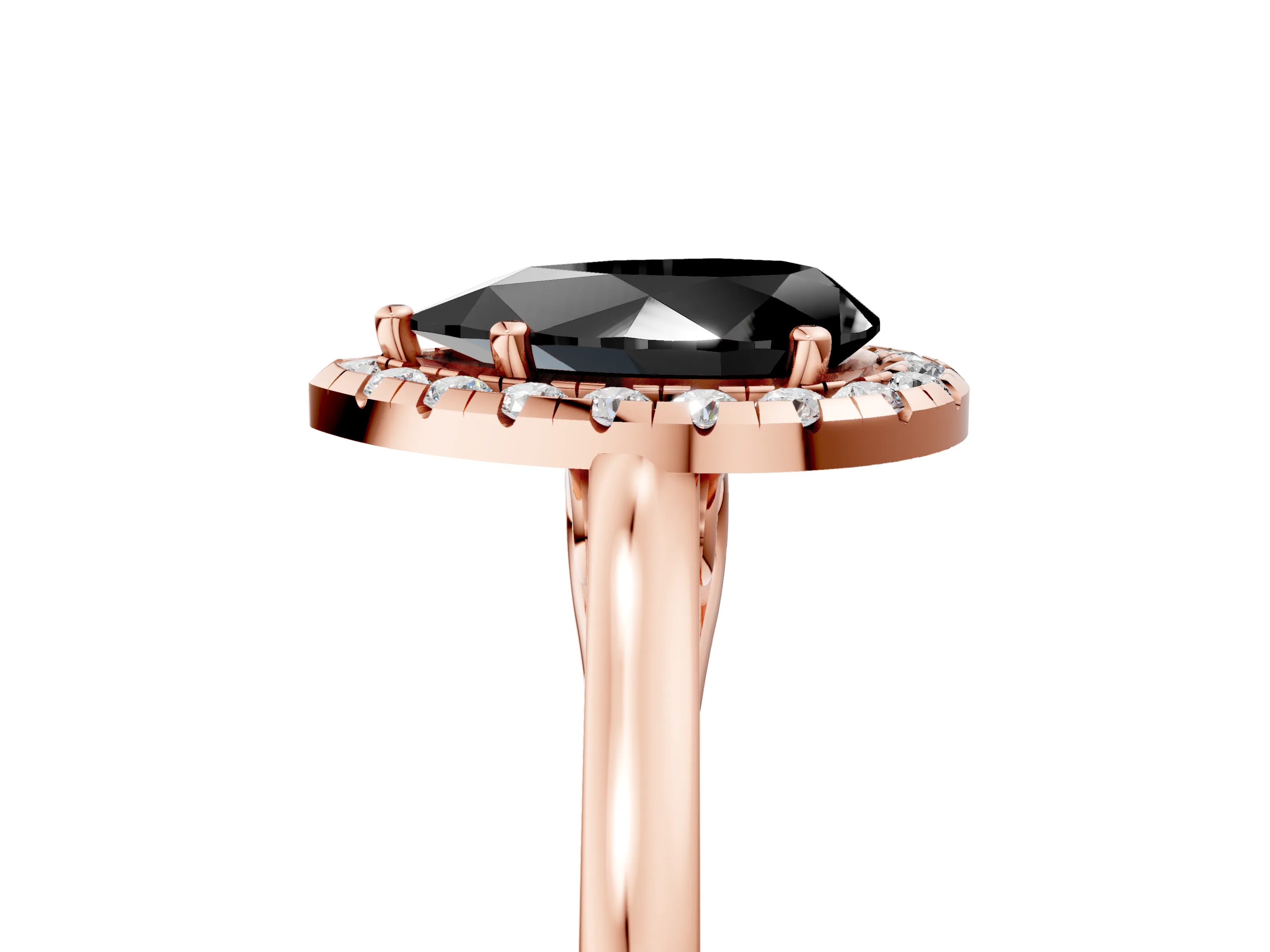 Rose gold Fancy Black Pear Cut Halo Round Diamond Solitaire Ring with Pavé Band and Four-Prong Setting_17