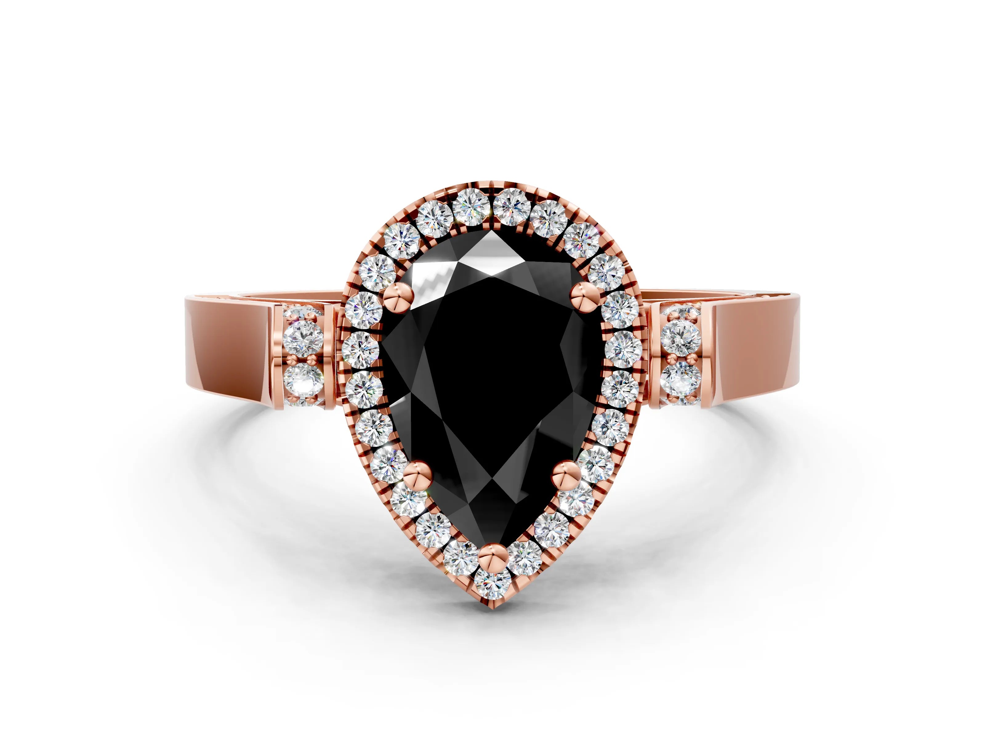 Rose gold Fancy Black Pear Cut Halo Round Diamond Twist Band with Four-Prong Setting