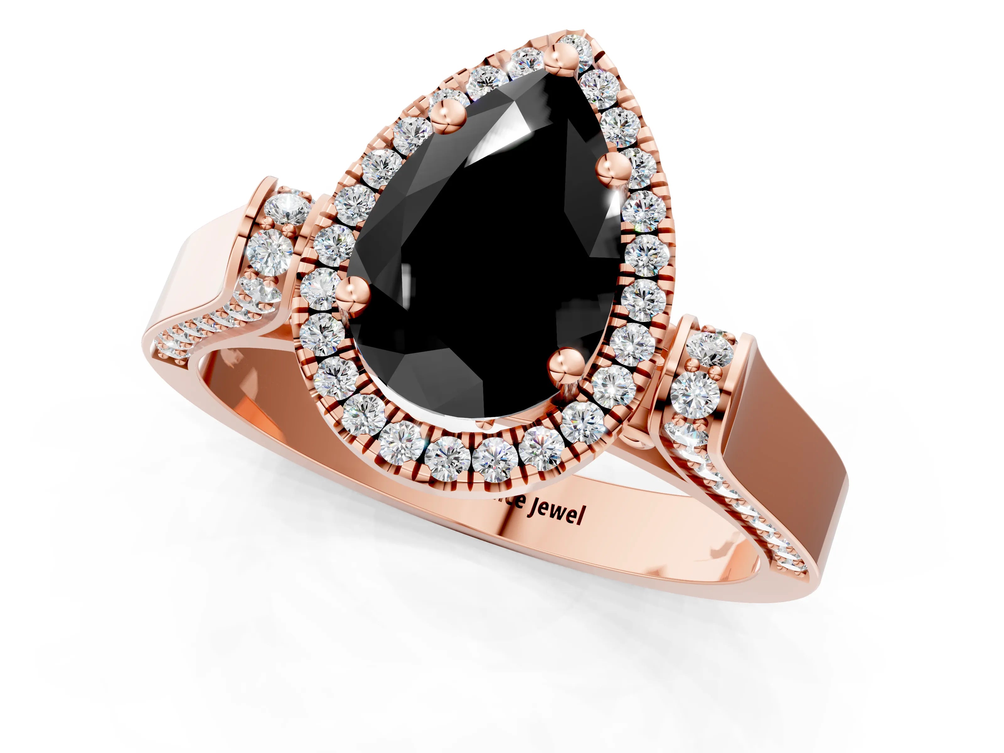 Rose gold Fancy Black Pear Cut Halo Round Diamond Twist Band with Four-Prong Setting_1