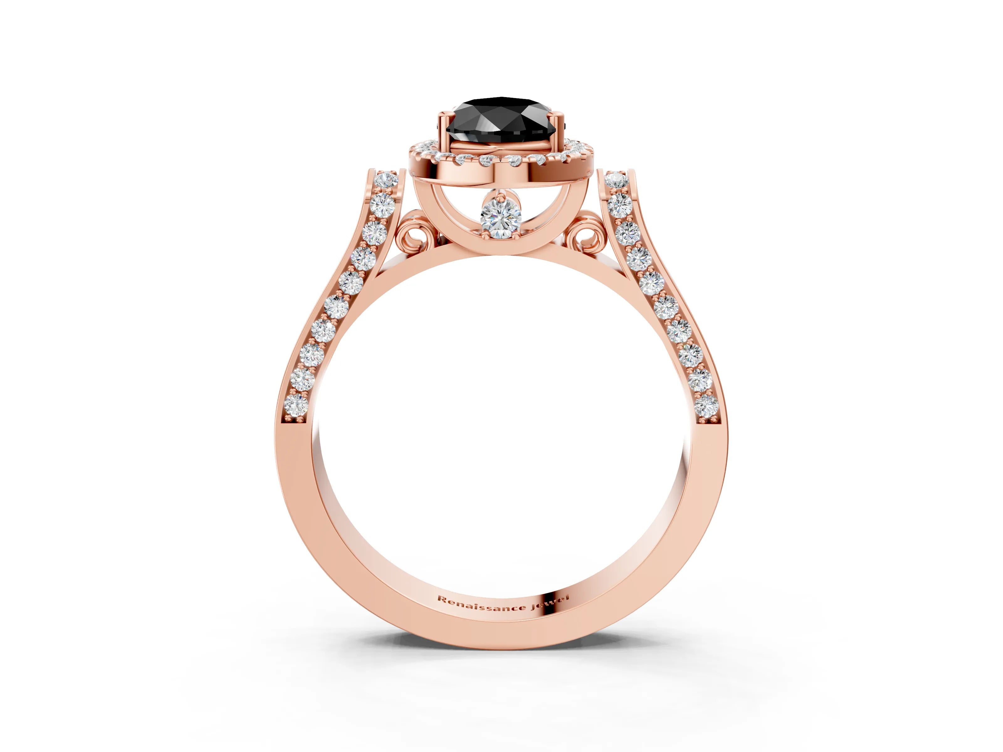 Rose gold Fancy Black Pear Cut Halo Round Diamond Twist Band with Four-Prong Setting_3