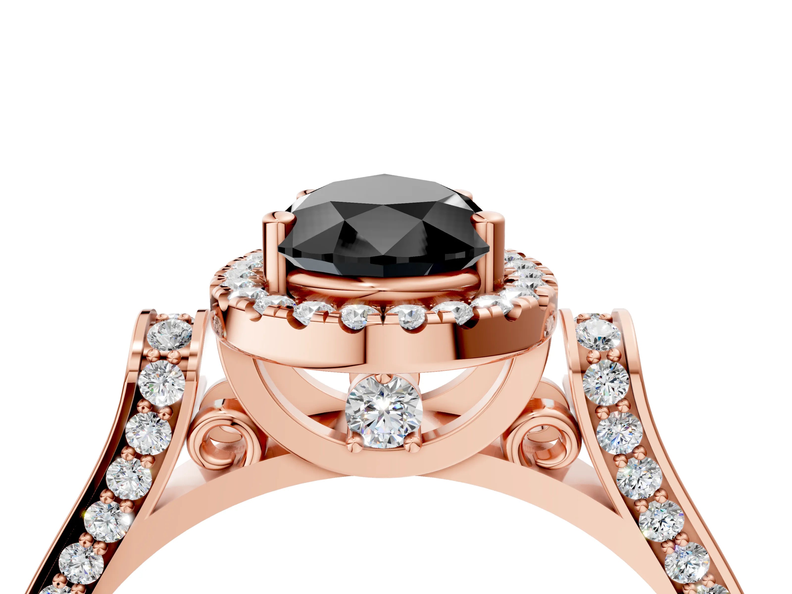 Rose gold Fancy Black Pear Cut Halo Round Diamond Twist Band with Four-Prong Setting_4