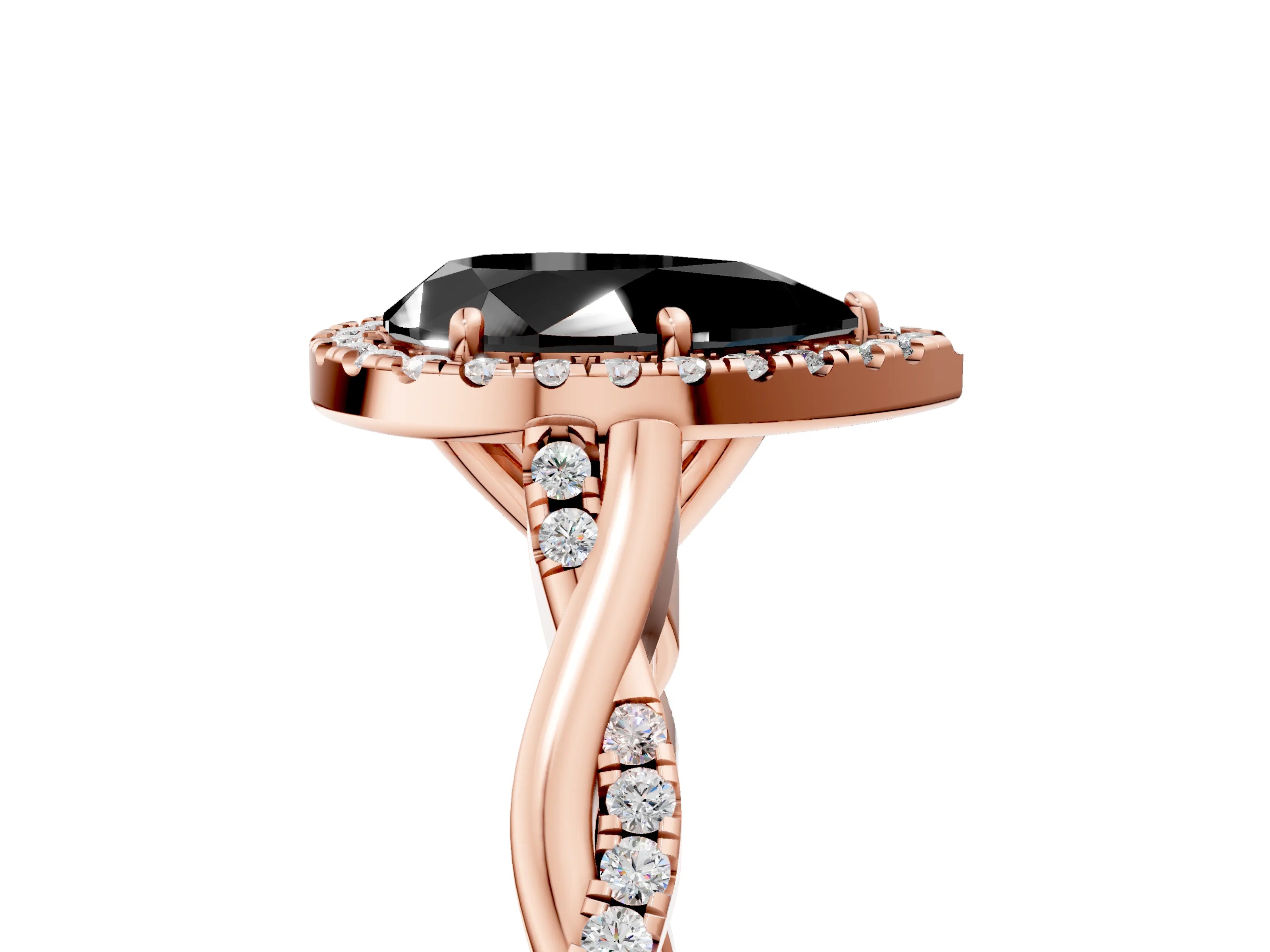 Rose gold Fancy Black Pear Cut Halo Twist Band with Four-Prong Setting_17