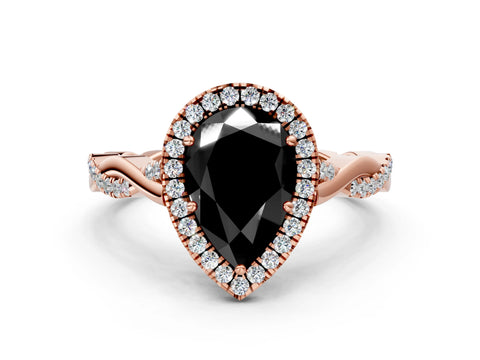 Rose gold Fancy Black Pear Cut Halo Twist Band with Four-Prong Setting