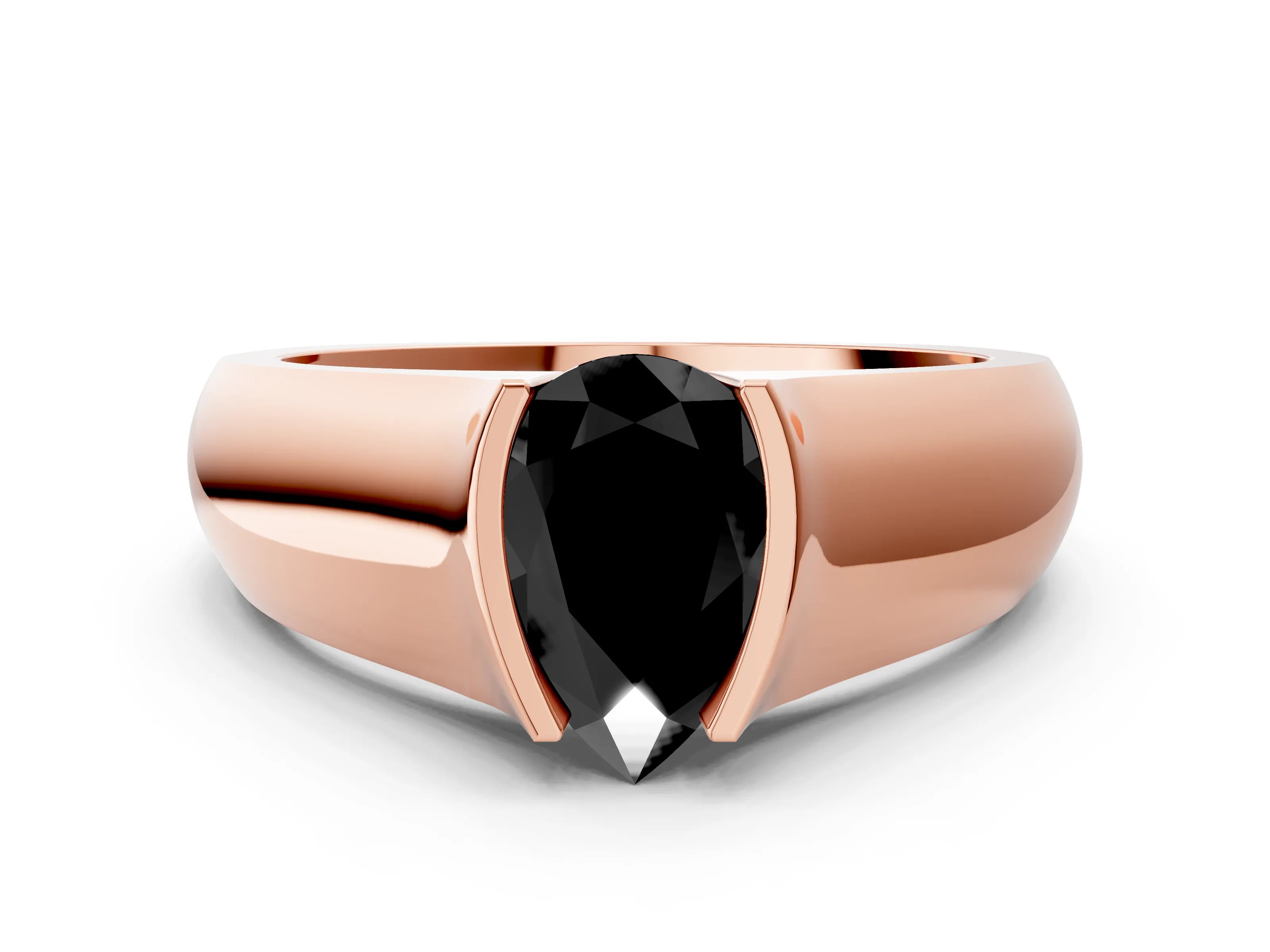 Rose gold Fancy Black Pear Cut Solitaire Bezel Set Diamond Ring with Wide Band