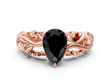 Rose gold Fancy Black Pear Cut Solitaire Diamond Leaf-Inspired Vine Band Ring with Prong Setting