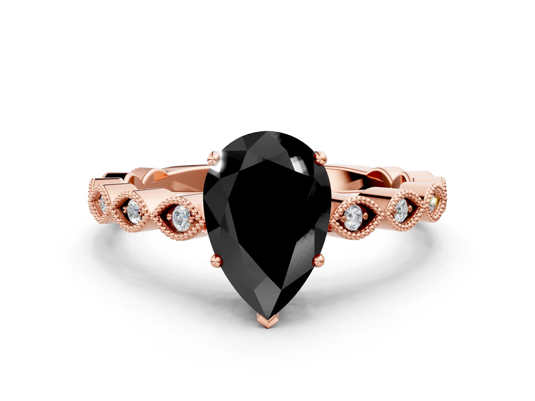 Rose gold Fancy Black Pear Cut Solitaire Diamond Ring with Infinity Twist Band and Four-Prong Setting
