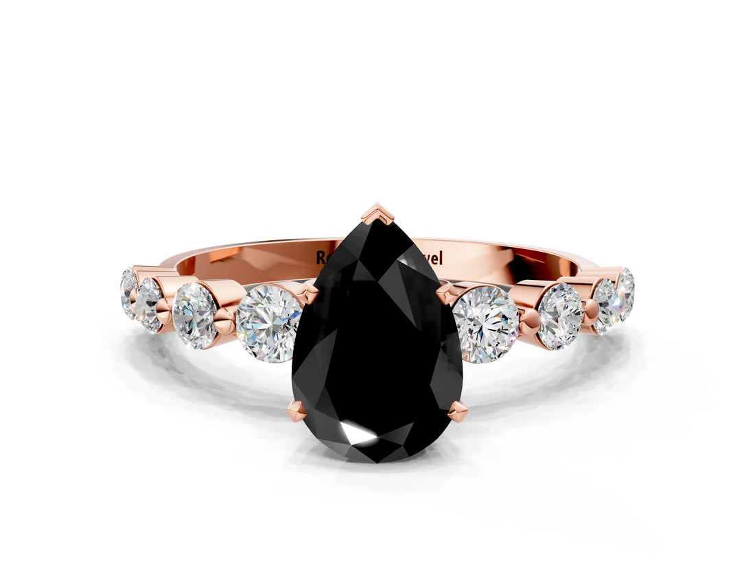 Rose gold Fancy Black Pear Cut Solitaire Diamond Ring with Pave Band and Four-Prong Setting