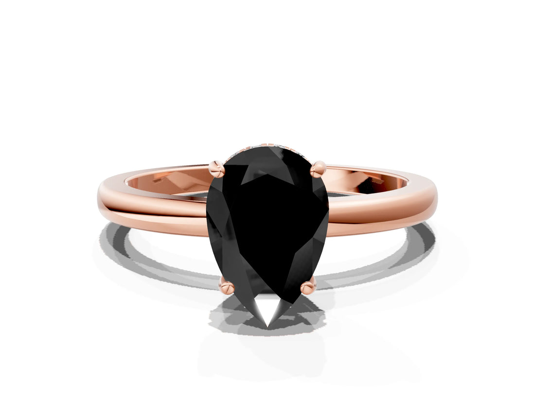 Rose gold Fancy Black Pear Cut Solitaire Diamond Ring with Prong Setting and Plain Band