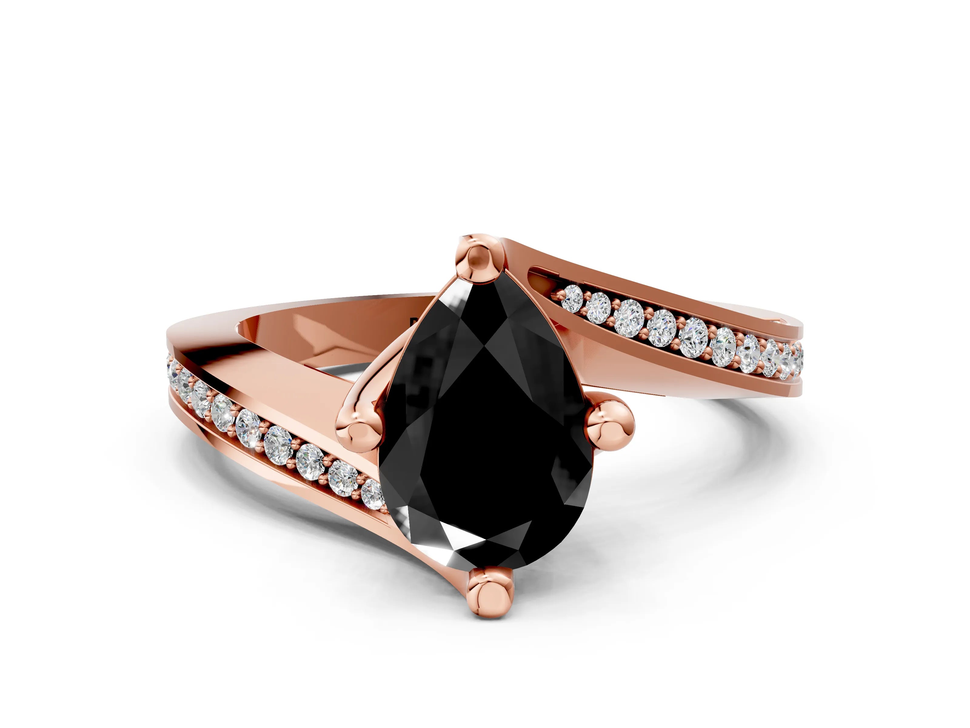 Rose gold Fancy Black Pear Cut Solitaire Diamond Twist Band with Pavé Setting and Four-Prong Setting