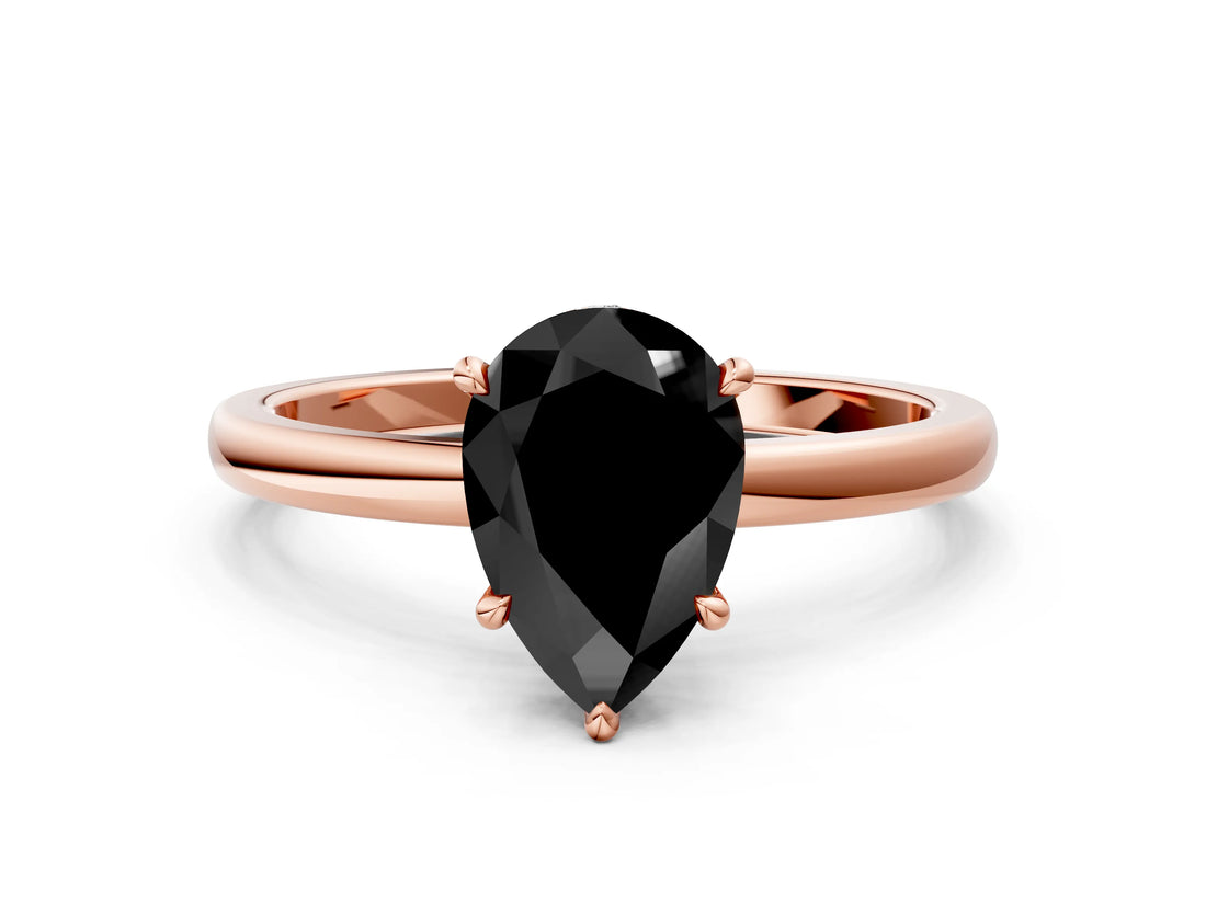 Rose gold Fancy Black Pear Cut Solitaire Engagement Ring with Cathedral Band and Four-Prong Setting