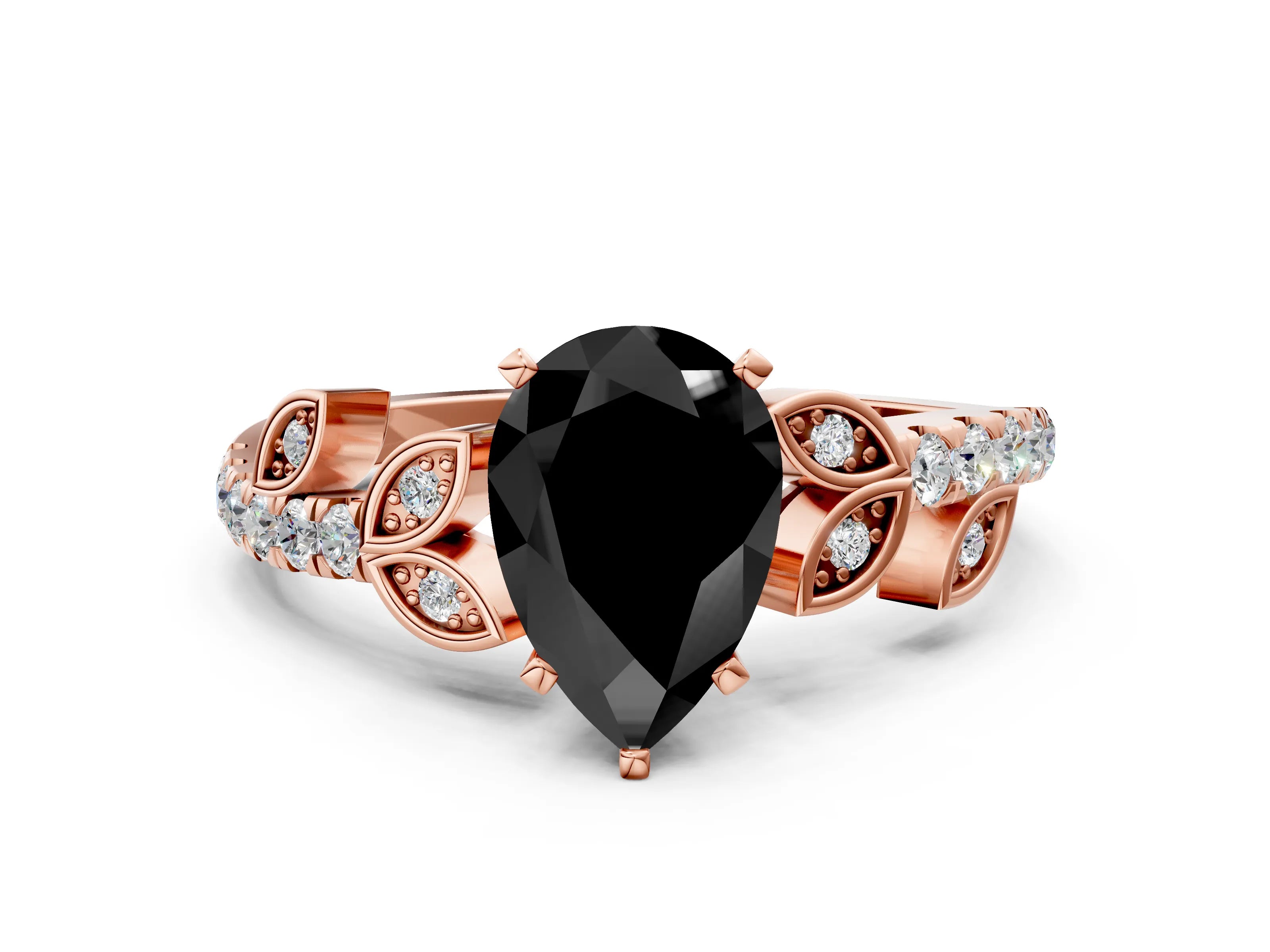 Rose gold Fancy Black Pear Cut Solitaire Leaf-Inspired Diamond Ring with Pavé Band and Four-Prong Setting