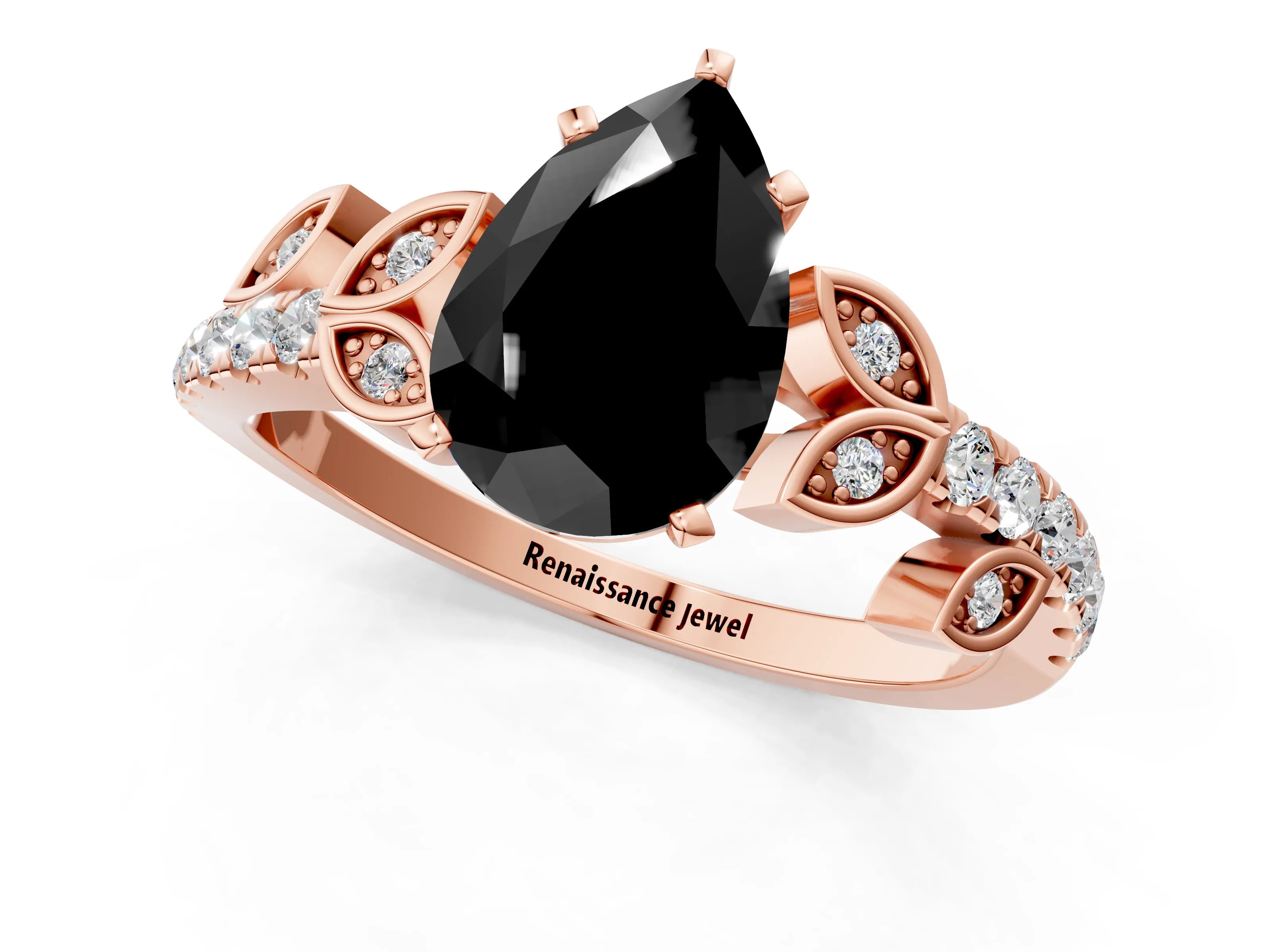 Rose gold Fancy Black Pear Cut Solitaire Leaf-Inspired Diamond Ring with Pavé Band and Four-Prong Setting_1