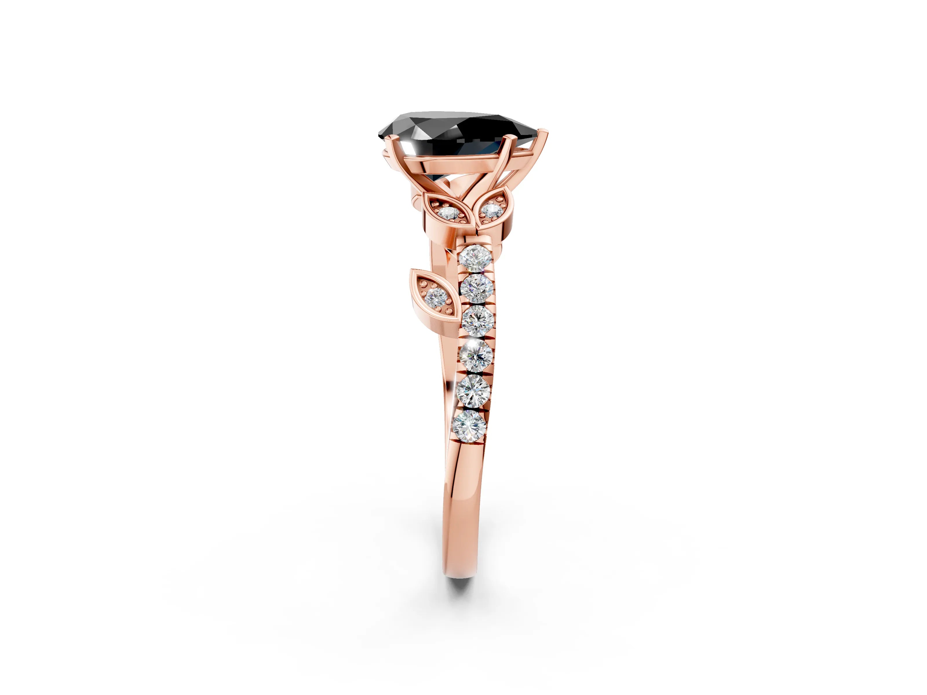 Rose gold Fancy Black Pear Cut Solitaire Leaf-Inspired Diamond Ring with Pavé Band and Four-Prong Setting_2