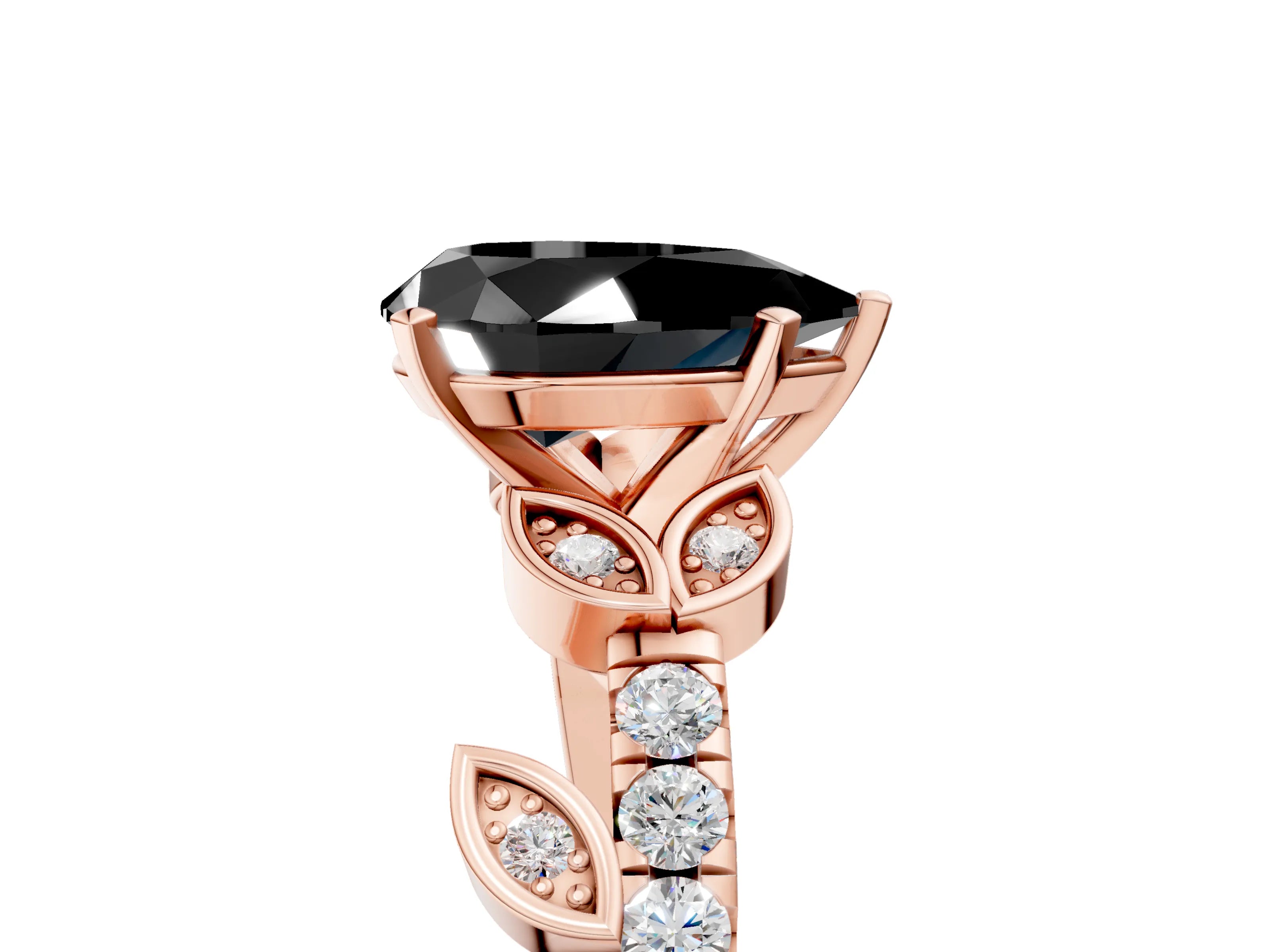 Rose gold Fancy Black Pear Cut Solitaire Leaf-Inspired Diamond Ring with Pavé Band and Four-Prong Setting_5