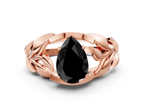 Rose Gold Pear-Shaped Leaf Bypass Engagement Ring Setting for Black Center with Pave Leaf Panels