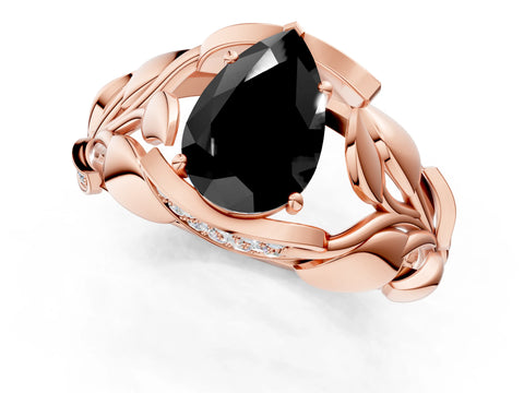 Rose gold Fancy Black Pear Cut Solitaire Leaf-Inspired Engagement Ring with Prong Setting_1