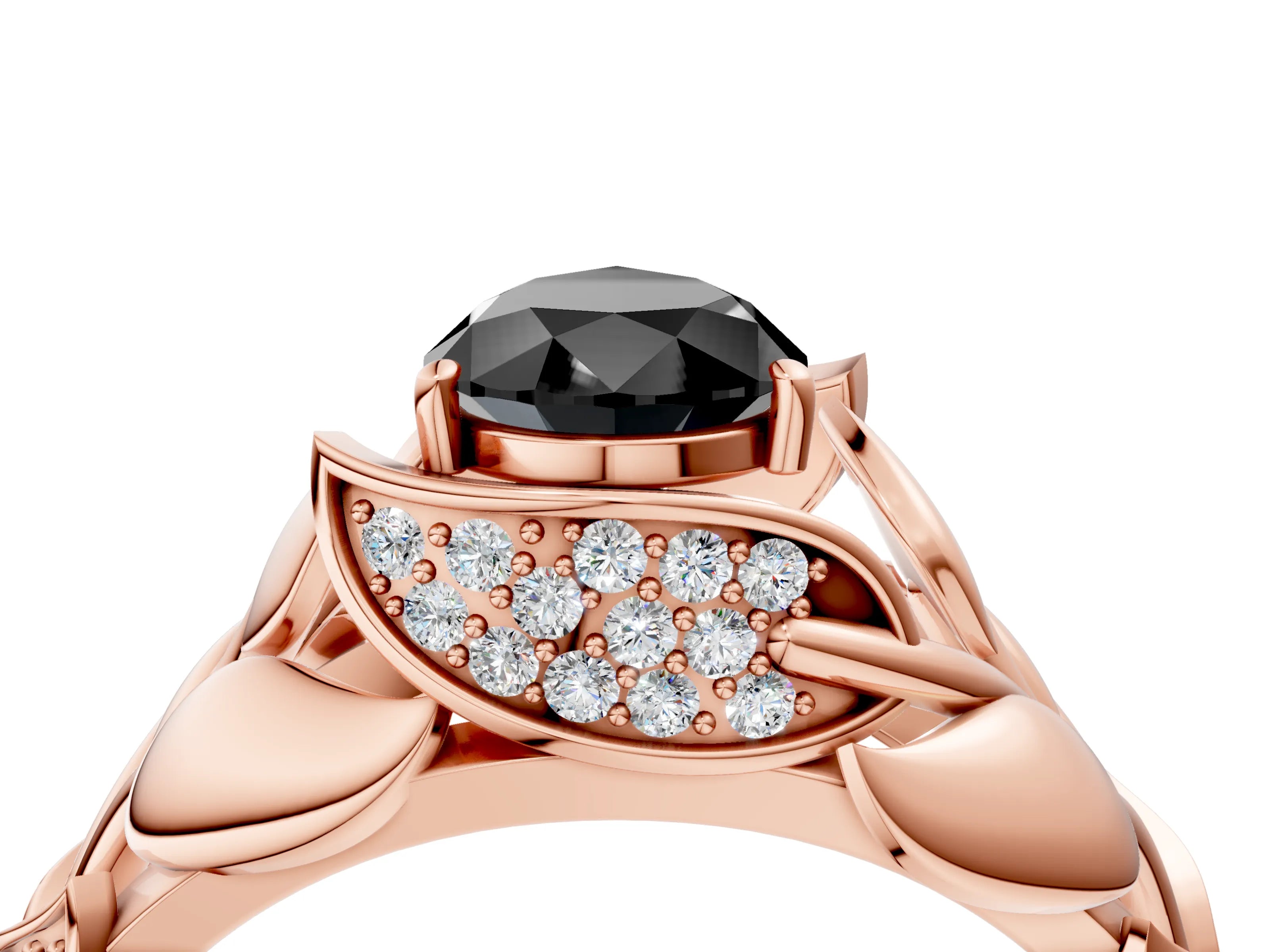 Rose gold Fancy Black Pear Cut Solitaire Leaf-Inspired Engagement Ring with Prong Setting_4
