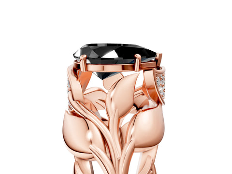 Rose gold Fancy Black Pear Cut Solitaire Leaf-Inspired Engagement Ring with Prong Setting_5