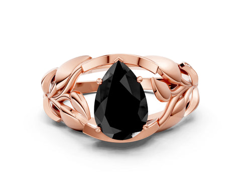 Rose gold Fancy Black Pear Cut Solitaire Leaf-Inspired Engagement Ring with Prong Setting