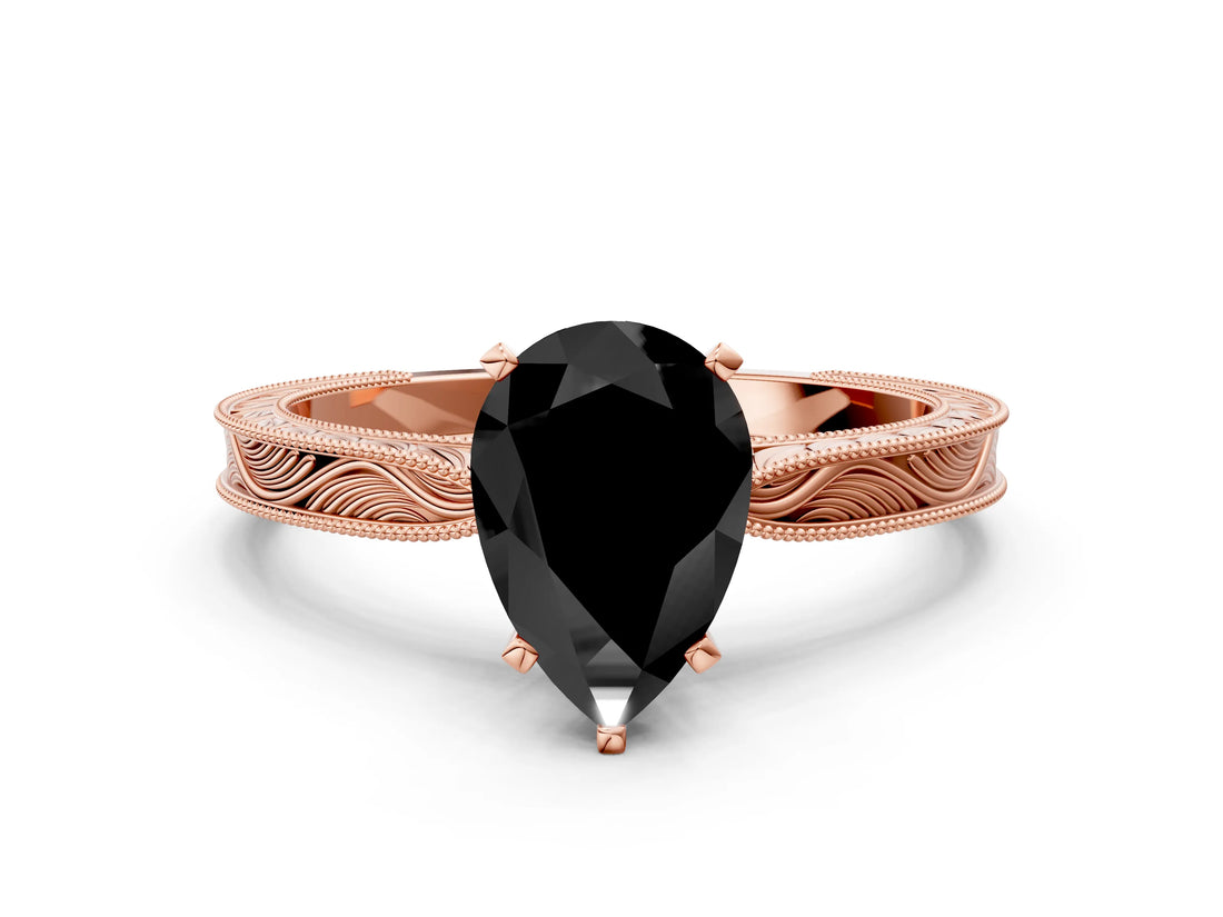 Rose gold Fancy Black Pear Cut Solitaire Milgrain Engraved Band with Four-Prong Setting