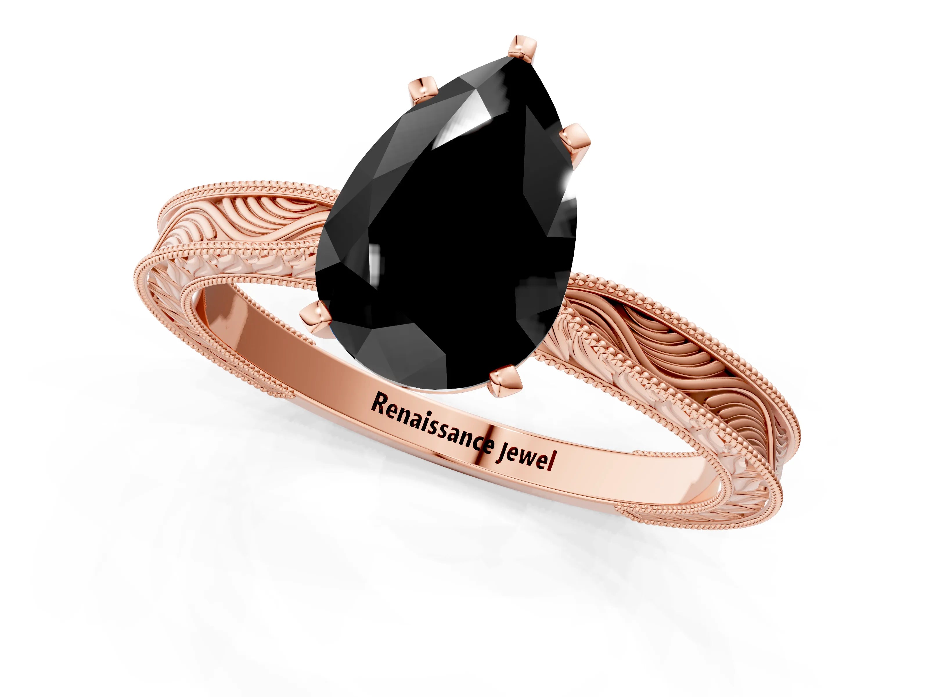 Rose gold Fancy Black Pear Cut Solitaire Milgrain Engraved Band with Four-Prong Setting_1