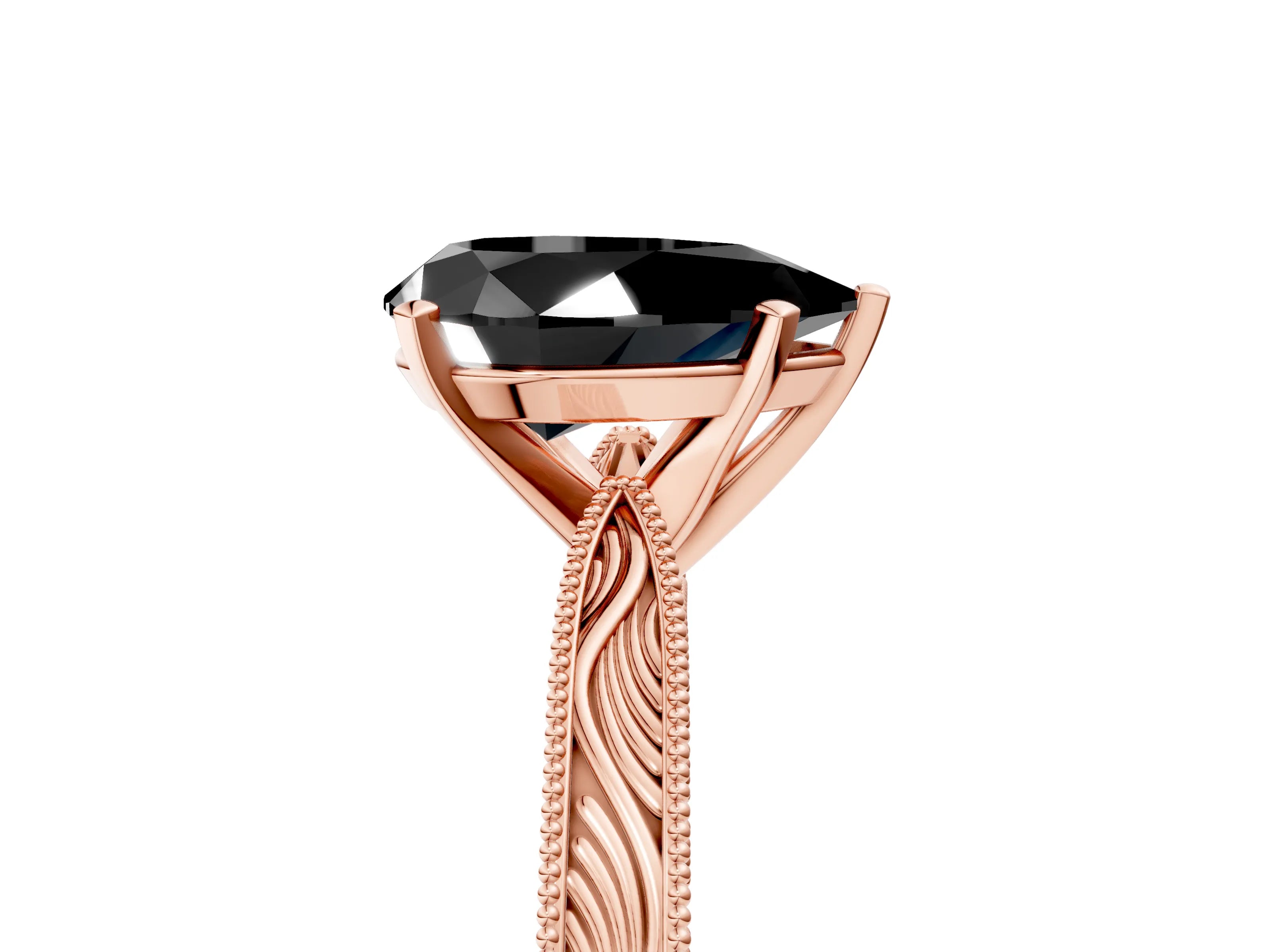Rose gold Fancy Black Pear Cut Solitaire Milgrain Engraved Band with Four-Prong Setting_5