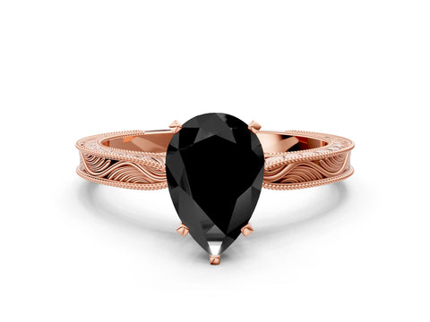 Rose gold Fancy Black Pear Cut Solitaire Milgrain Engraved Band with Four-Prong Setting