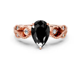 Rose gold Fancy Black Pear Cut Solitaire Milgrain Leaf Band with Prong Setting