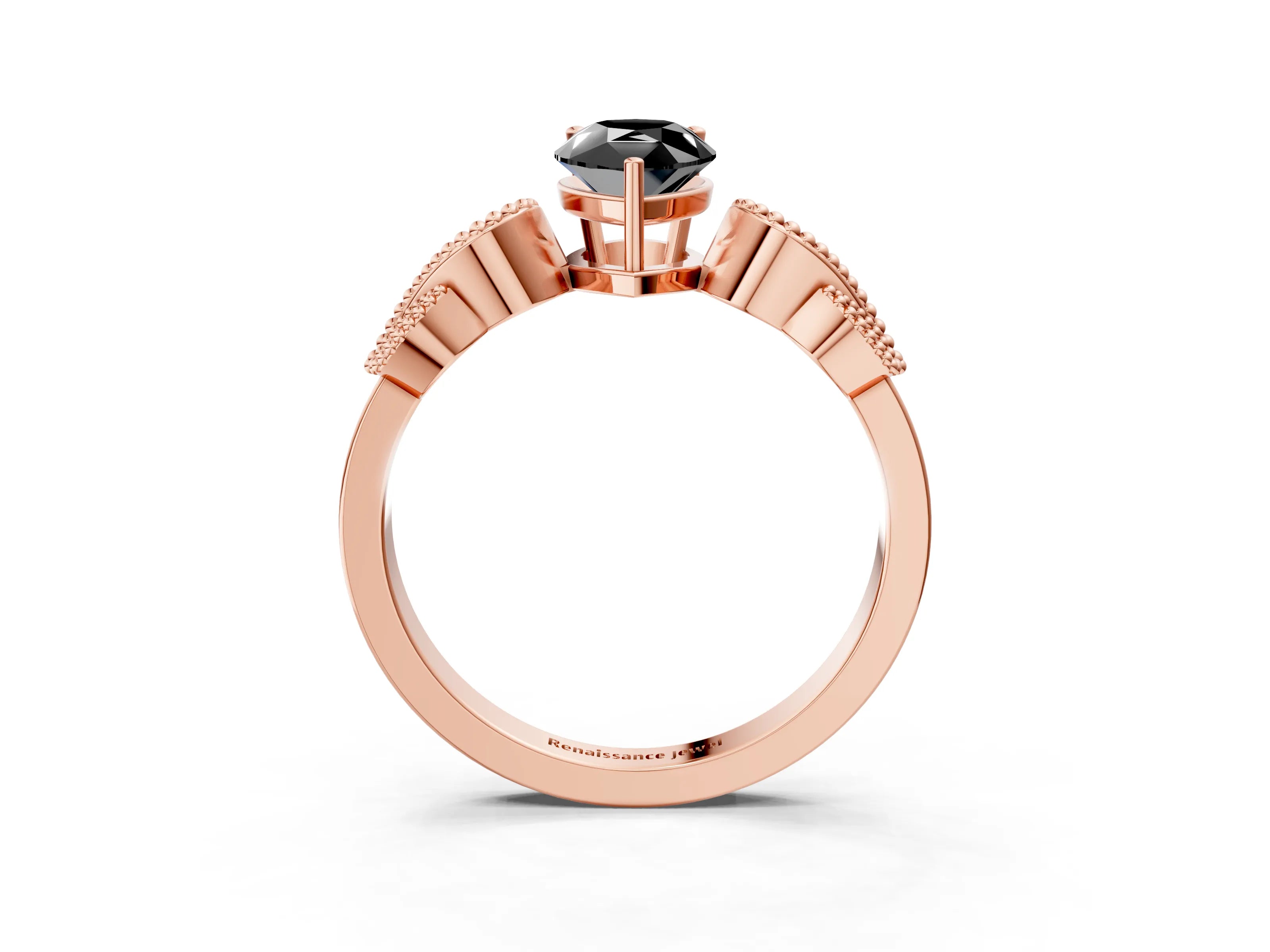 Rose gold Fancy Black Pear Cut Solitaire Milgrain Leaf Band with Prong Setting_3