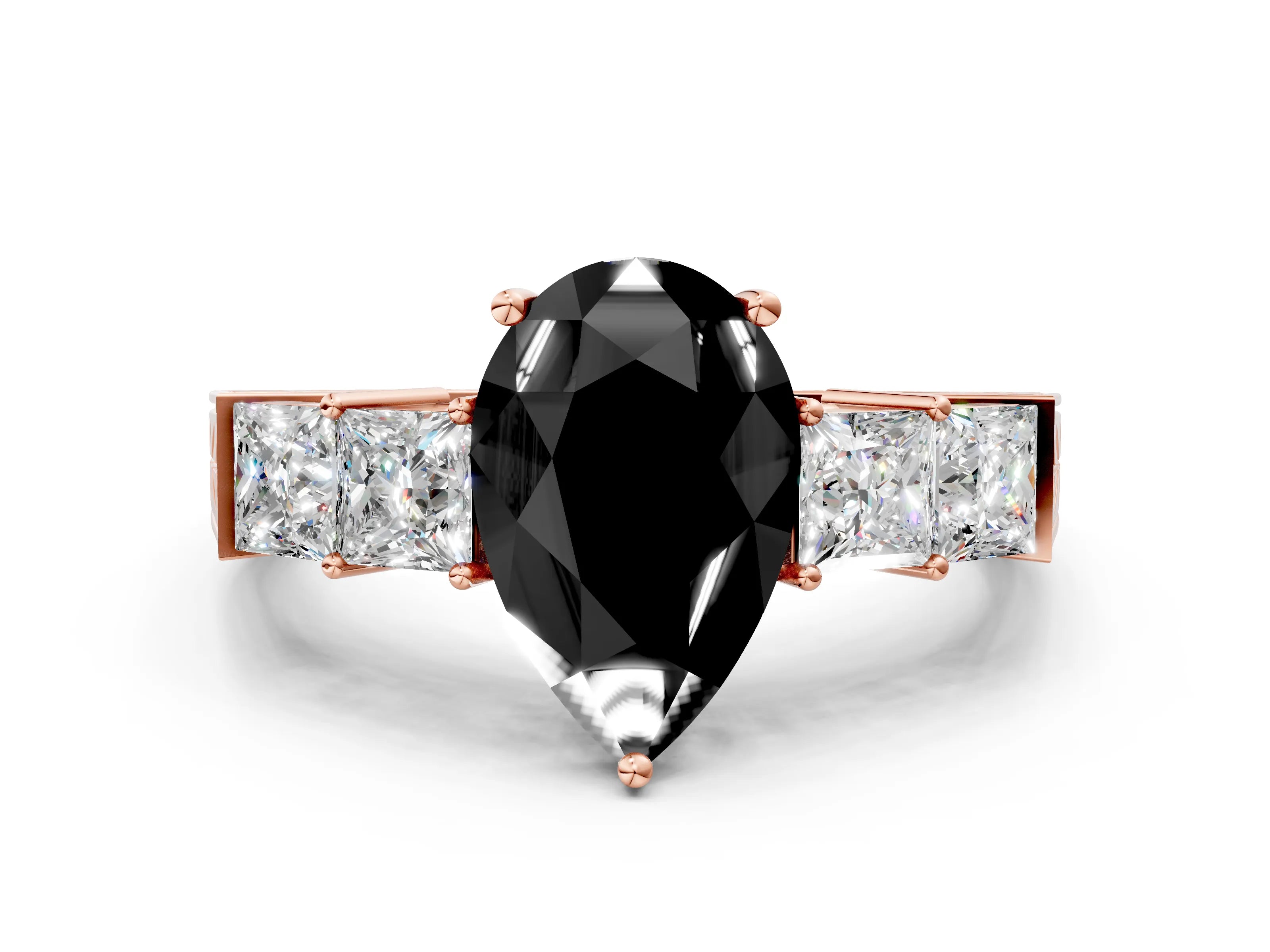 Rose gold Fancy Black Pear Cut Solitaire Princess Side Stone Engraved Band Prong Setting Ring_12