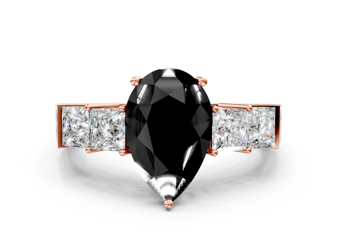 Rose gold Fancy Black Pear Cut Solitaire Princess Side Stone Engraved Band Prong Setting Ring_12
