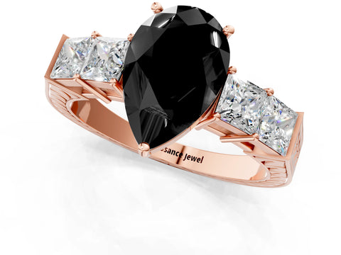 Rose gold Fancy Black Pear Cut Solitaire Princess Side Stone Engraved Band Prong Setting Ring_13