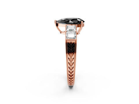 Rose gold Fancy Black Pear Cut Solitaire Princess Side Stone Engraved Band Prong Setting Ring_14
