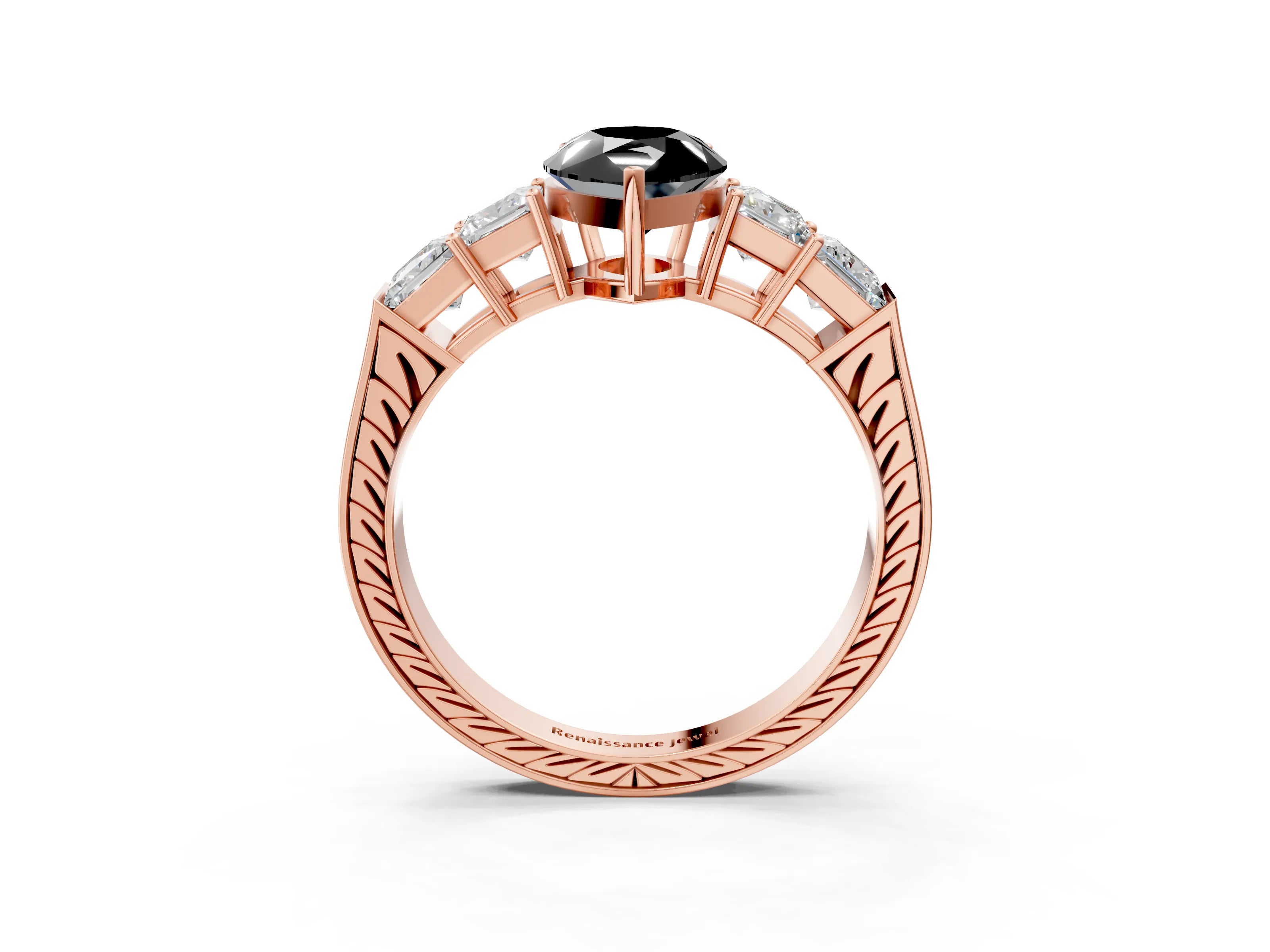 Rose gold Fancy Black Pear Cut Solitaire Princess Side Stone Engraved Band Prong Setting Ring_15