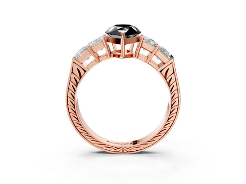Rose gold Fancy Black Pear Cut Solitaire Princess Side Stone Engraved Band Prong Setting Ring_15