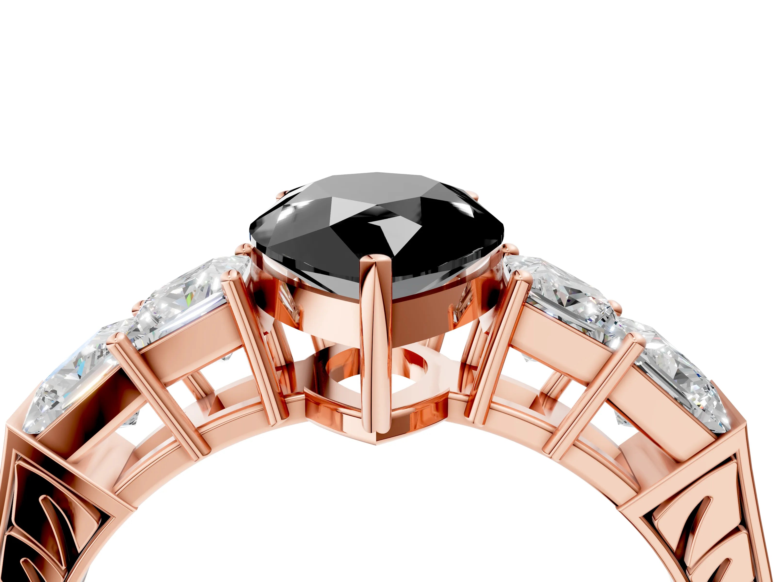 Rose gold Fancy Black Pear Cut Solitaire Princess Side Stone Engraved Band Prong Setting Ring_16