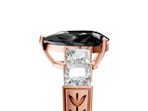 Rose gold Fancy Black Pear Cut Solitaire Princess Side Stone Engraved Band Prong Setting Ring_17