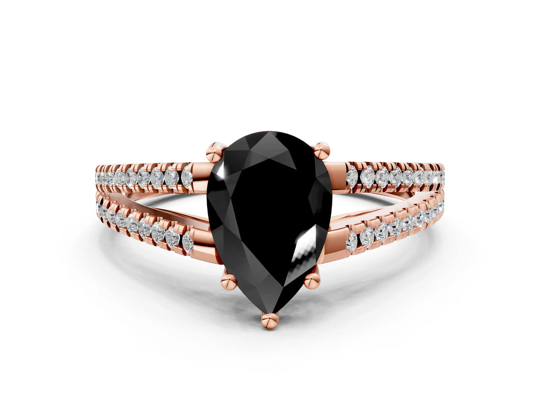 Rose gold Fancy Black Pear Cut Solitaire Split Shank Pavé Diamond Engagement Ring